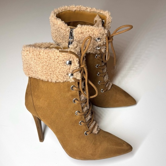 Jessica Simpson Women’s Heeled Faux Fur Tan Suede Pirlie Fuzzy Booties Size- 6M - Picture 4 of 11